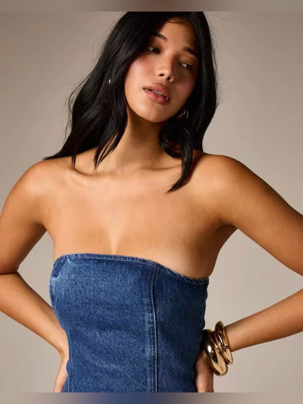 NWT Aiirz Strapless Denim Mini Dress With Lace Floral Appliqué - Picture 5 of 8